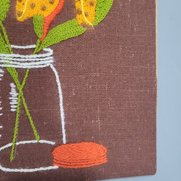 Vintage Embroidery Art Brown Orange Yellow Lilies in Mason Jar 70s Mid Century - Picture 5 of 7